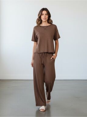 1245 • Brown 100% Cotton Slub Knit Drawstring Wide Leg Pants Side Split Top Set